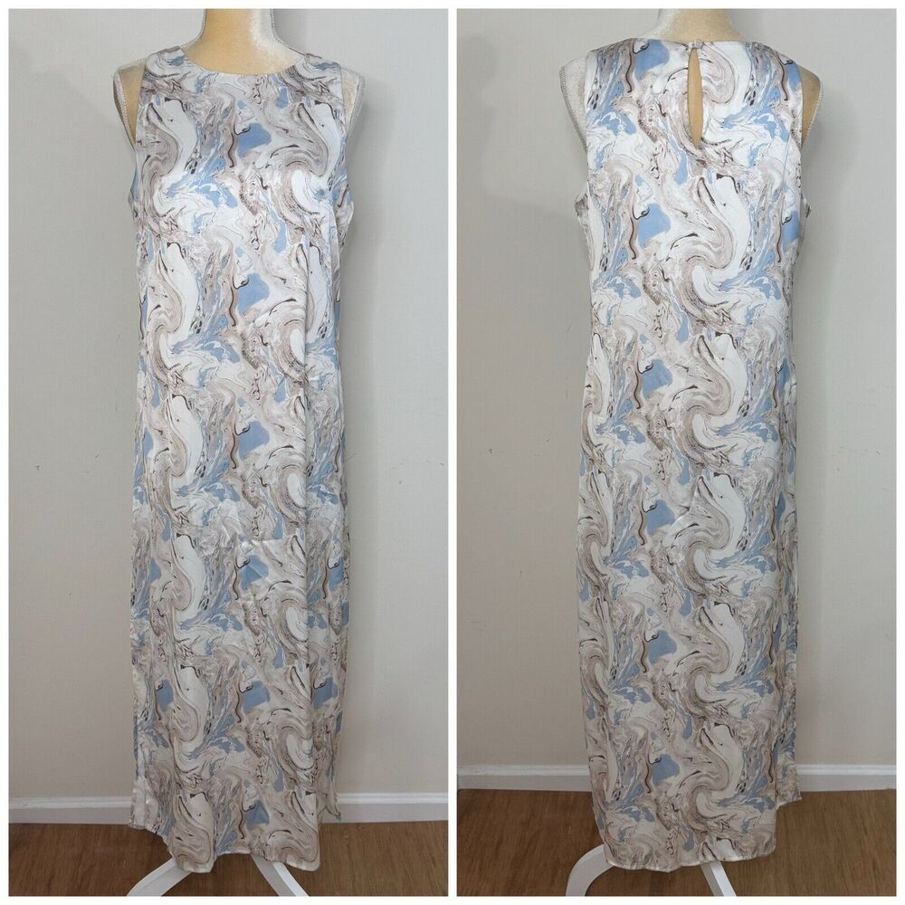 NWOT JOIE Paisley Satin Sleeveless Midi Dress Size M Silver Blue Side Slit